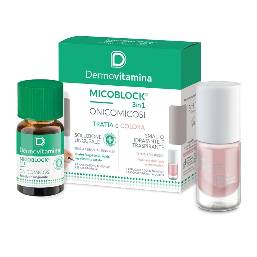 Dermovitamina, Micoblock 3 in 1 Tratta e Colora, Soluzione Ungueale 7 ml + Smalto Idratante Traspirante 5 ml