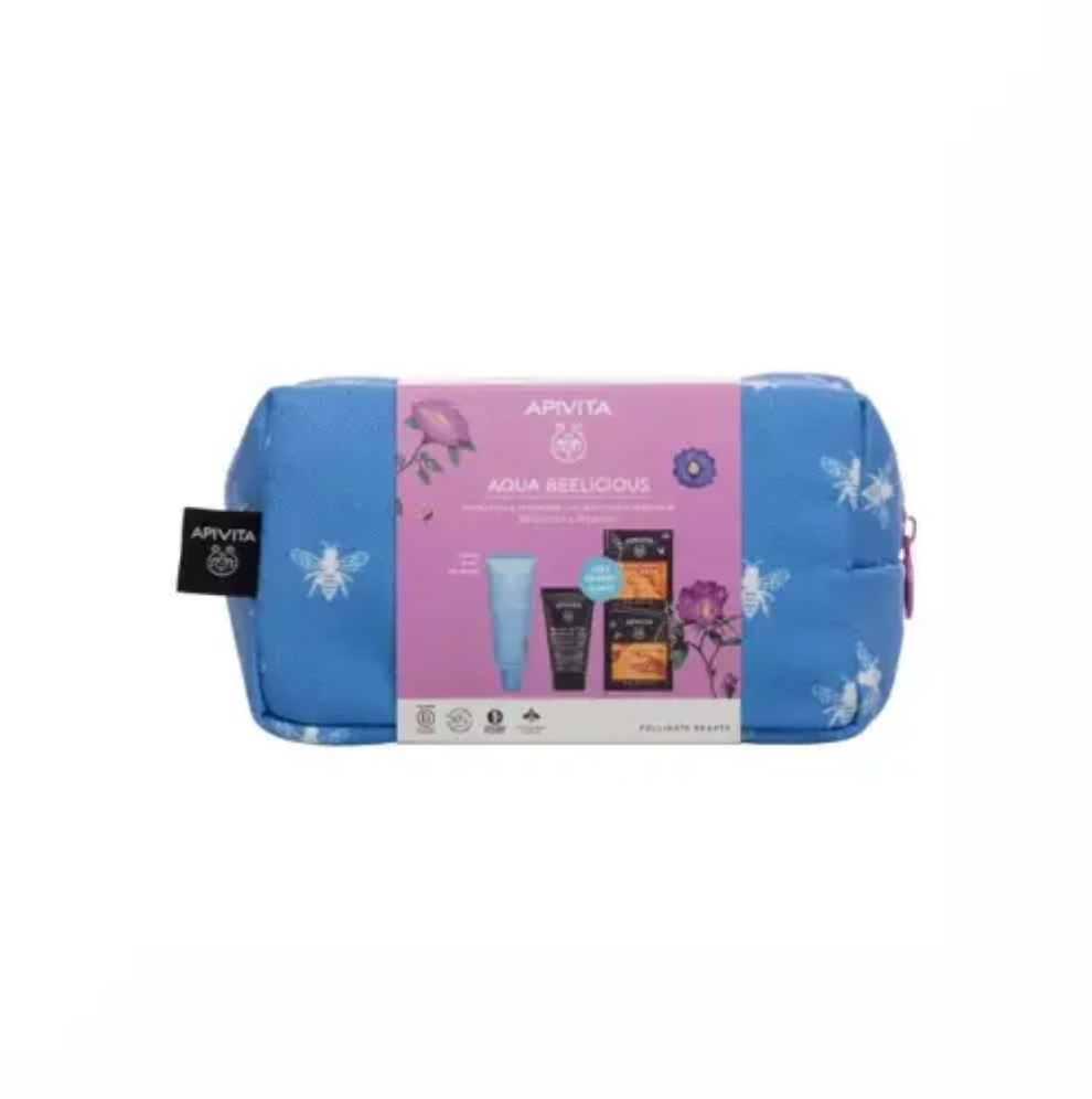 Apivita Cofanetto Aqua Beelicious con Crema Idratante Colorata Healthy Glow SPF30+Gel detergente Viso + Maschera + Pochette
